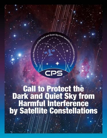 Cover of the CPS position paper entitled Call to Protect the Dark and Quiet Sky from Harmful Interference by Satellite Constellations showing a long-exposure image of the Orion Nebula with a total exposure time of 208 minutes showing satellite trails in mid-December 2019. Retrieved from the website of the IAU CPS. © IAU CPS/SKAO/NOIRLab/NSF/AURA/A. H. Abolfath