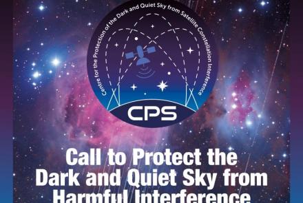 Cover of the CPS position paper entitled Call to Protect the Dark and Quiet Sky from Harmful Interference by Satellite Constellations showing a long-exposure image of the Orion Nebula with a total exposure time of 208 minutes showing satellite trails in mid-December 2019. Retrieved from the website of the IAU CPS. © IAU CPS/SKAO/NOIRLab/NSF/AURA/A. H. Abolfath